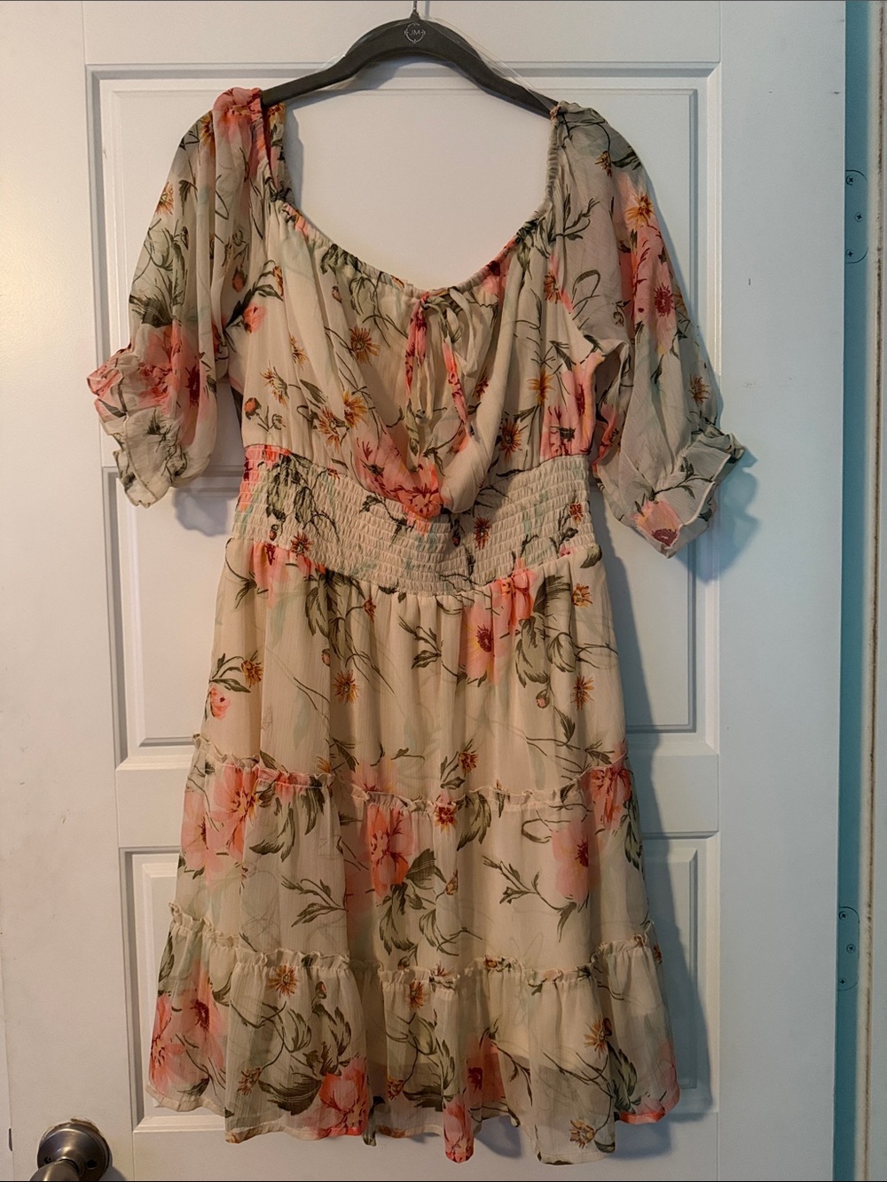 Blush Cream Floral Off-Shoulder Tiered Midi Dress with Pink Blossoms